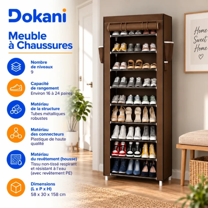 Meuble à chaussures marron 9 niveaux 58 × 30 × 158 cm avec housse zippée et capacité jusqu’à 24 paires