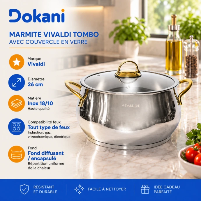 Marmite Vivaldi Tombo 26 cm – Inox 18/10 – Fond Encapsulé – Tous Feux