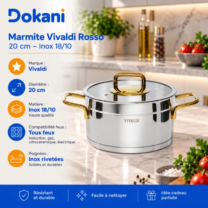 Marmite Vivaldi Rosso 20 cm en acier inoxydable 18/10 avec poignées rivetées compatible tous feux