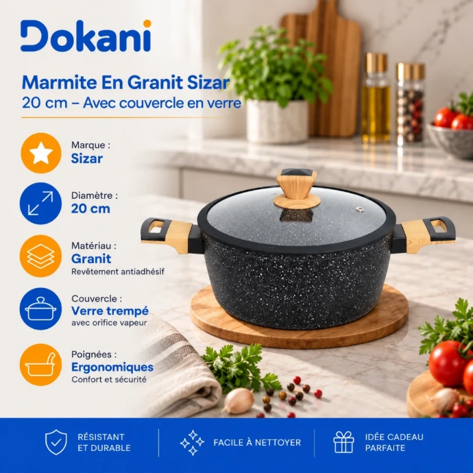 Marmite en granit Sizar noir 20 cm avec couvercle en verre trempé et orifice vapeur