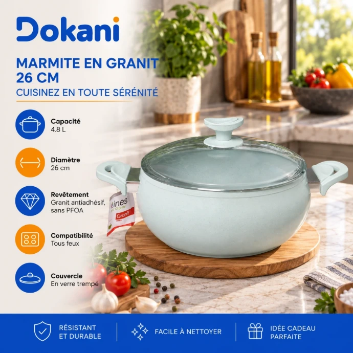Marmite en granit Lines pastel 26 cm 4,8 L avec revêtement antiadhésif sans PFOA et couvercle en verre trempé