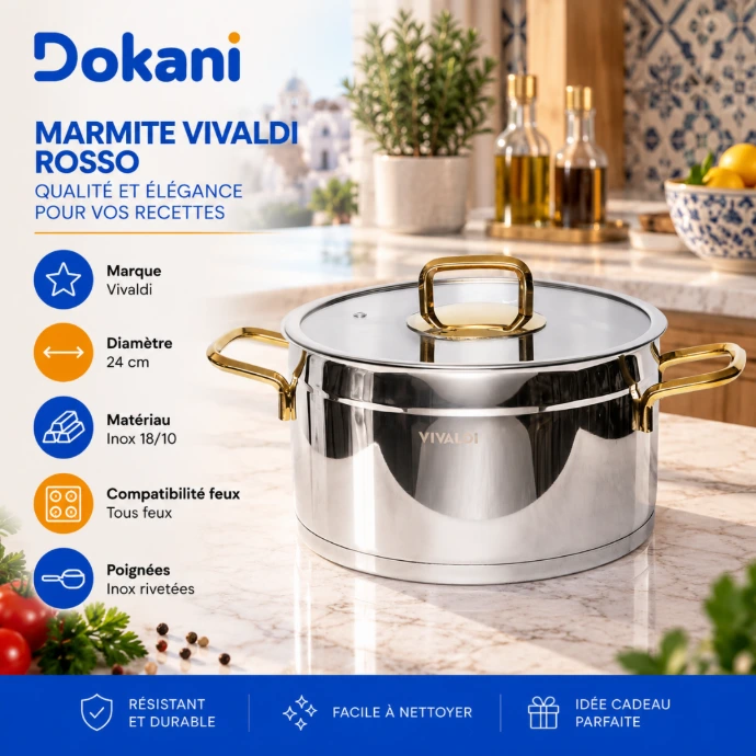 Marmite Vivaldi Rosso 24 cm en acier inoxydable 18/10 avec poignées rivetées compatible tous feux