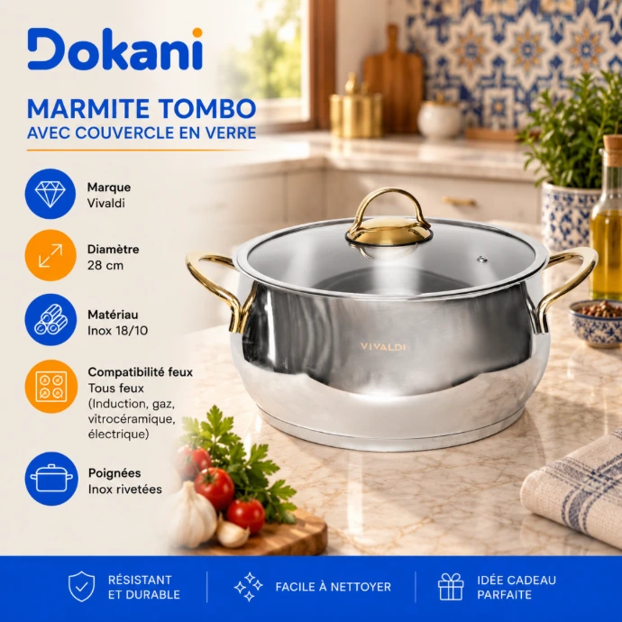 Marmite Vivaldi Tombo 28 cm en inox 18/10 avec fond diffusant encapsulé et poignées inox rivetées