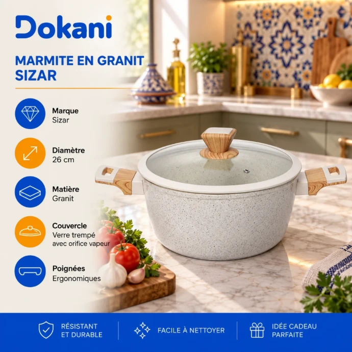Marmite en granit Sizar beige 26 cm avec couvercle en verre trempé et orifice vapeur