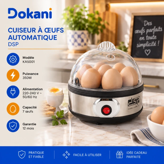 Cuiseur à œufs automatique DSP KA5001 350W avec support vapeur pour 7 œufs et tasse à mesurer