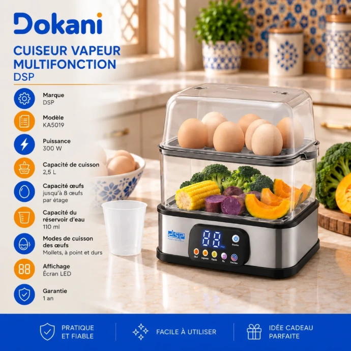 Cuiseur vapeur multifonction DSP KA5019 300W à 2 étages 2,5 L avec écran LED tactile et capacité jusqu’à 16 œufs