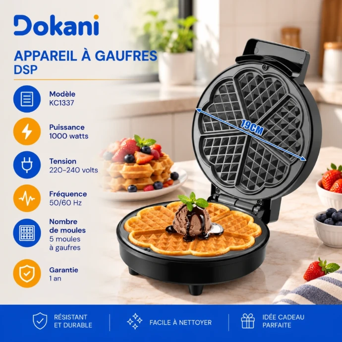 Gaufrier électrique DSP KC1368 noir 1000W avec plaques aluminium 19 cm pour 5 gaufres