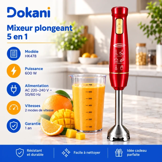 Mixeur plongeant Florence HK478 5 en 1 rouge 600W avec hachoir 450 ml, fouet et gobelet 700 ml