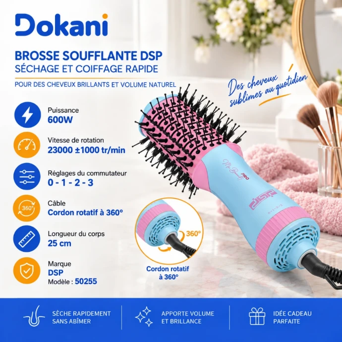 Brosse soufflante DSP 50255 bleue 600W avec moteur 23000 RPM et 3 modes de soufflage