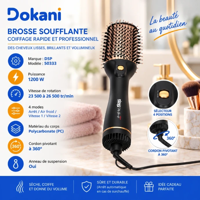 Brosse soufflante DSP 50333 noire 1200W avec fonction air froid, 2 vitesses et moteur jusqu’à 26500 RPM