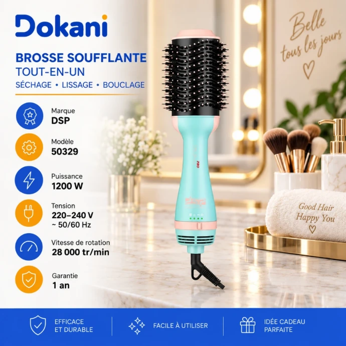 Brosse soufflante DSP 50329 vert d’eau 1200W avec moteur 28000 RPM, 2 vitesses et 3 températures