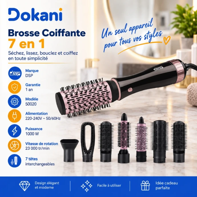 Coffret brosse coiffante DSP 50020 7 en 1 1000W 23000 tr/min avec 7 têtes interchangeables
