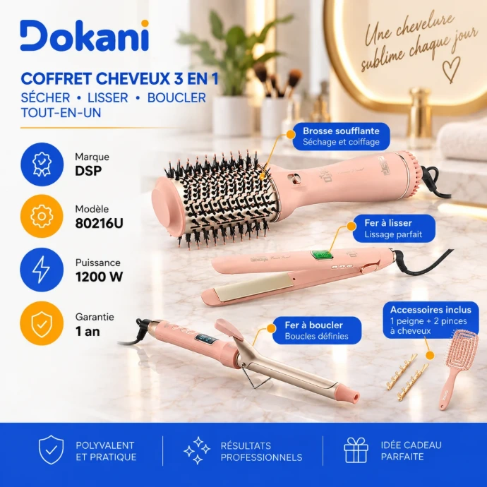 Coffret cheveux DSP 80216U 3 en 1 avec appareil de séchage 1200W, fer à boucler 25 mm et lisseur 230°C