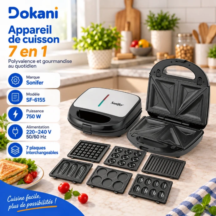 Appareil de cuisson Sonifer SF-6155 7 en 1 750W avec 7 plaques amovibles antiadhésives pour Gaufre Donut Panini Zouza Madeleine Croque-Monsieur et Maamoul