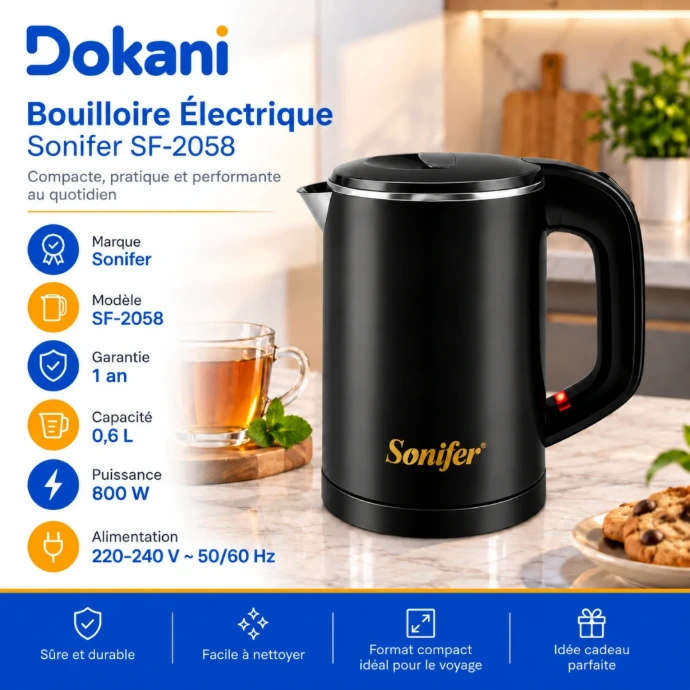 Bouilloire électrique Sonifer SF-2058 noire 0,6 L 800W en acier inoxydable avec arrêt automatique