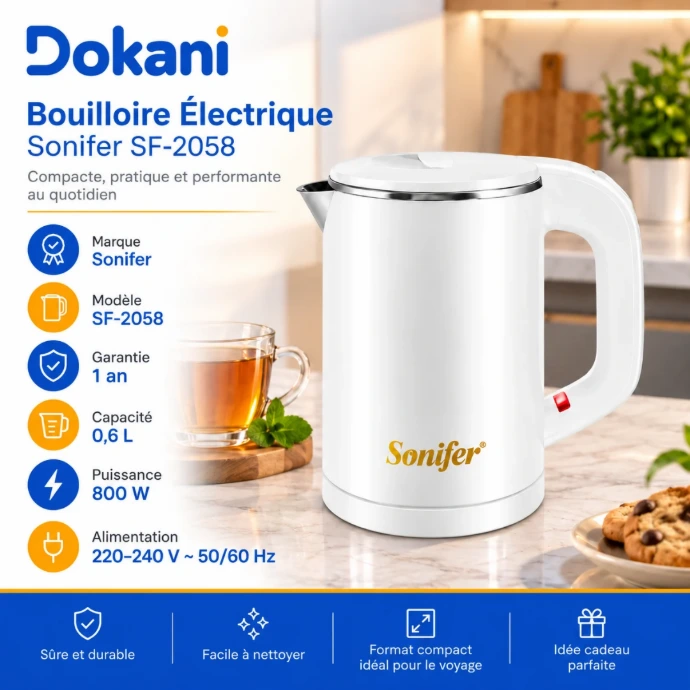 Bouilloire électrique Sonifer SF-2058 blanche 0,6 L 800W en acier inoxydable avec arrêt automatique