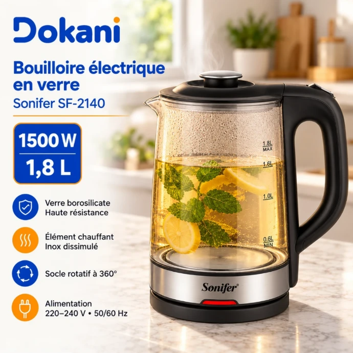 Bouilloire électrique en verre Sonifer SF-2140 1,8 L 1500W avec socle rotatif 360° et arrêt automatique