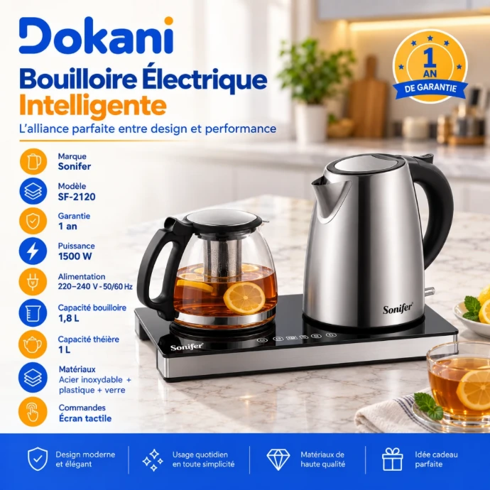 Bouilloire électrique intelligente Sonifer SF-2120 1500W avec bouilloire 1,8 L, théière en verre 1 L et écran tactile