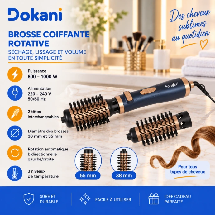 Brosse coiffante rotative Sonifer SF-9693 1000W avec deux brosses céramique 38 et 55 mm et rotation gauche droite