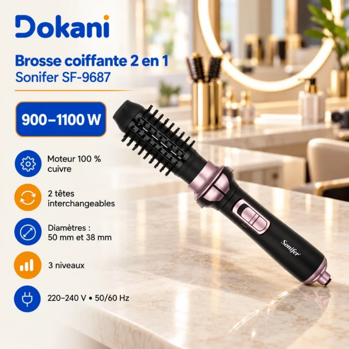 Brosse coiffante rotative Sonifer SF-9687 1100W avec deux brosses 38 et 50 mm et rotation automatique gauche droite