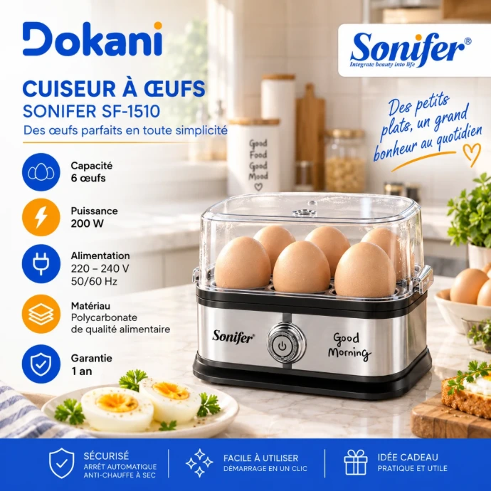 Cuiseur à œufs Sonifer SF-1510 200W pour 6 œufs avec cuisson vapeur et arrêt automatique