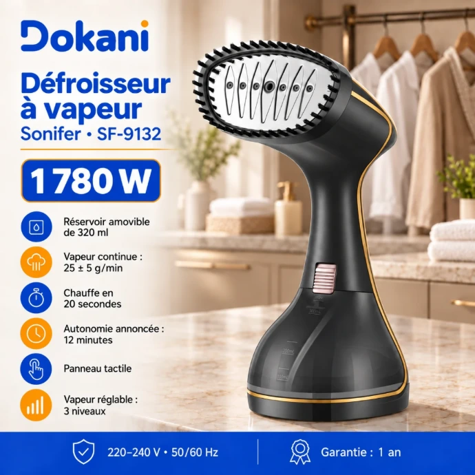 Défroisseur vapeur Sonifer SF-9132A noir 1780W avec réservoir 320 ml, panneau tactile et 3 niveaux de vapeur
