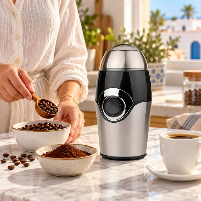 Femme préparant une dose de grains près d’un moulin à café Lexical dans une cuisine lumineuse, visage hors cadre.