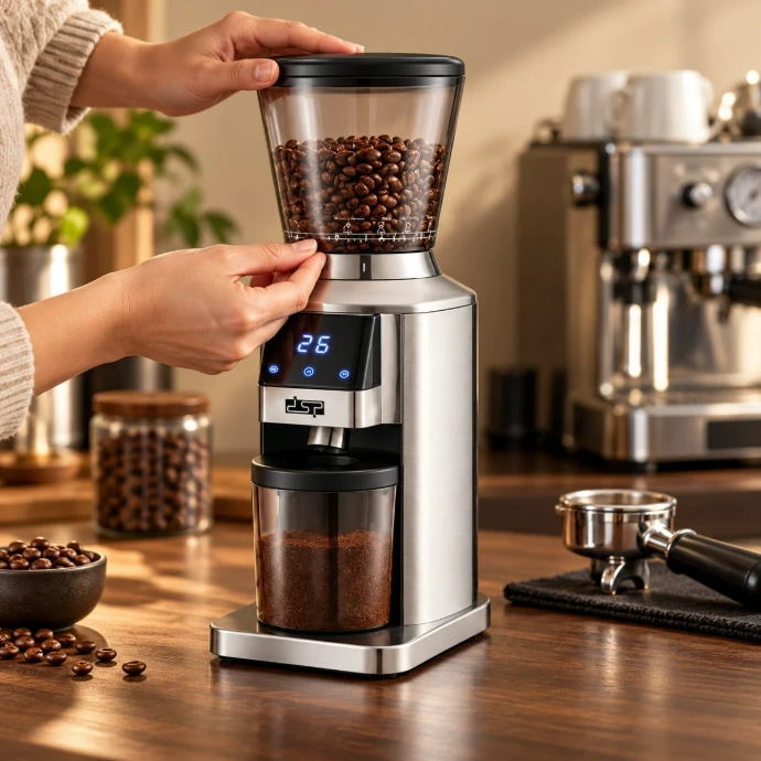 Mains ajustant la mouture du moulin à café DSP KA3159, avec une machine expresso en arrière-plan..webp