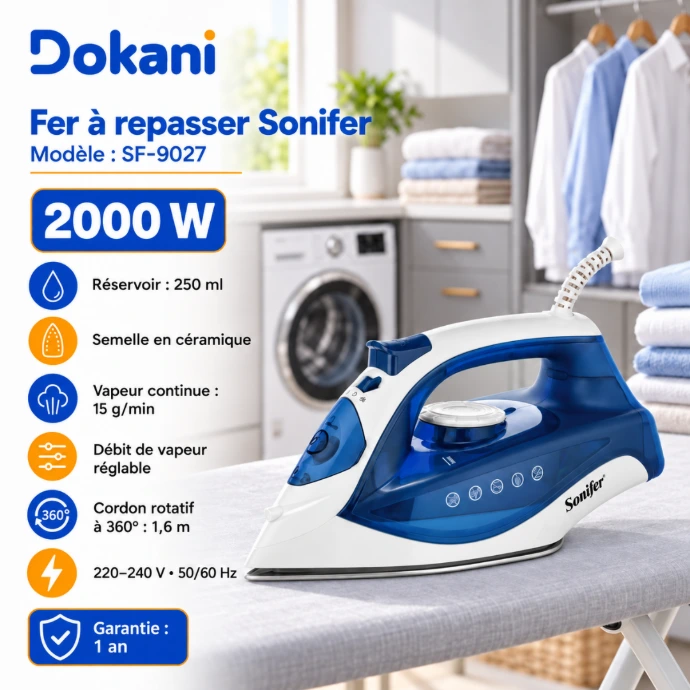 Fer à repasser vapeur Sonifer SF-9027 bleu 2000W avec semelle céramique, réservoir 250 ml et fonction pressing
