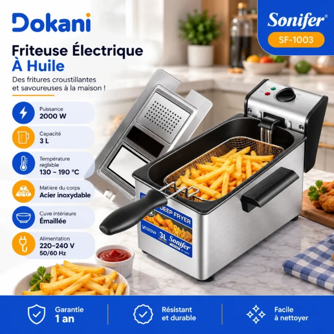 Friteuse électrique Sonifer SF-1003 3 L 2000W en inox avec thermostat réglable de 130 à 190°C