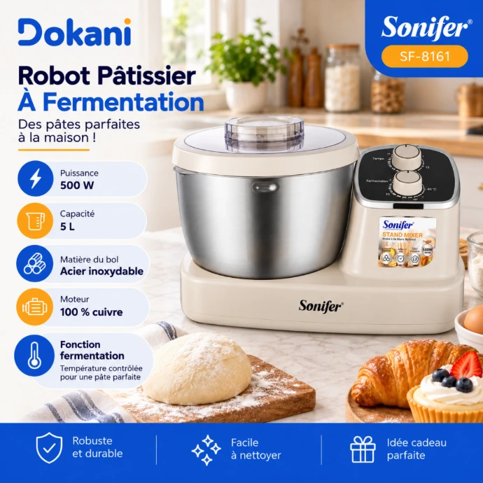 Robot pâtissier à fermentation Sonifer SF-8161 500W avec bol inox 5 L et température réglable de 30 à 40°C