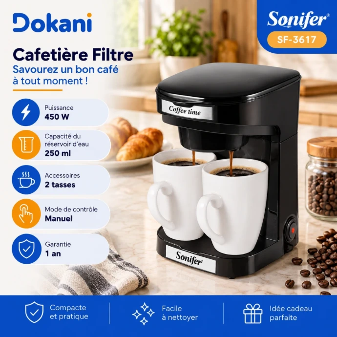Cafetière filtre Sonifer SF-3617 noire 450W avec réservoir 250 ml et deux tasses incluses