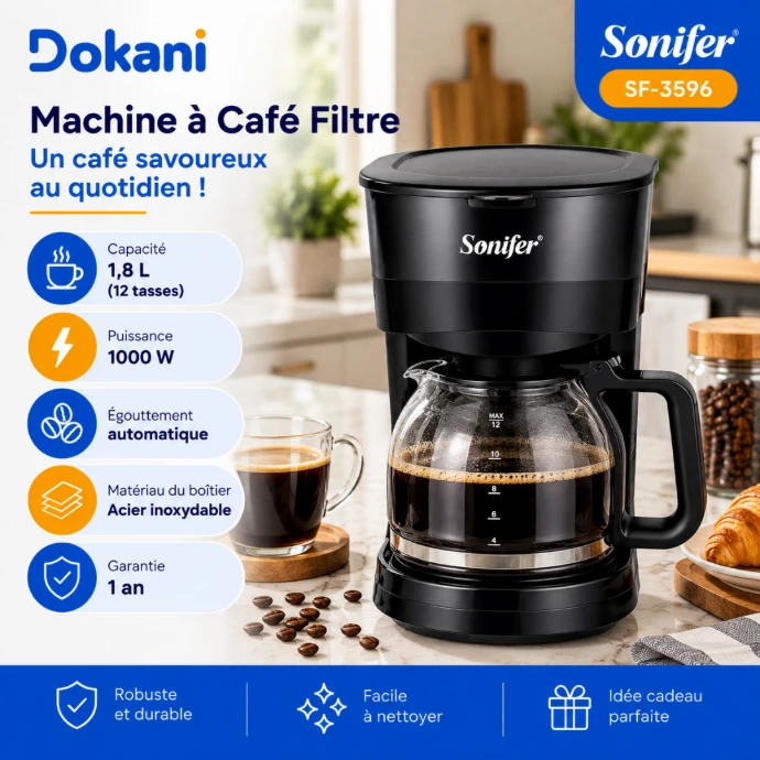 Cafetière filtre Sonifer SF-3596 1000W capacité 1,8 L pour 12 tasses avec fonction maintien au chaud