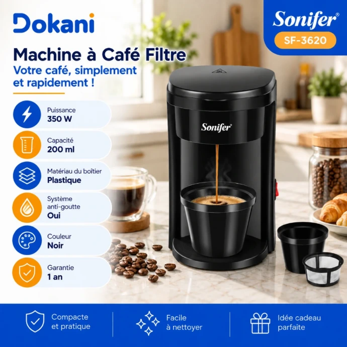 Mini cafetière filtre Sonifer SF-3620 noire 350W capacité 200 ml avec système anti-goutte et arrêt automatique