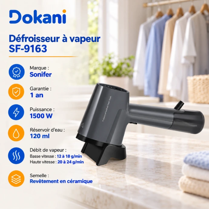 Défroisseur vapeur portable Sonifer SF-9163 1500W avec réservoir 120 ml, semelle céramique et débit jusqu’à 24 g/min