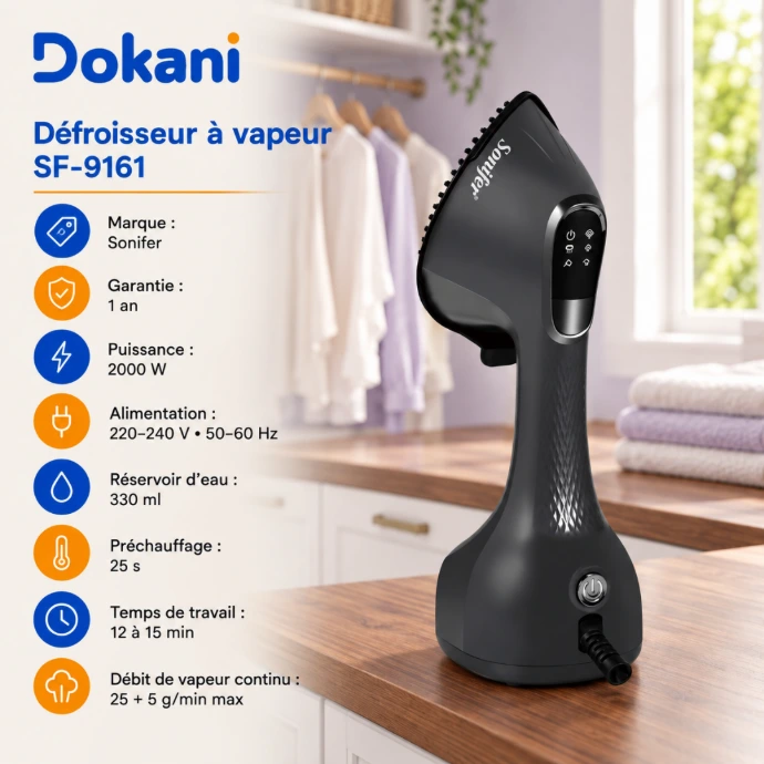 Défroisseur vapeur Sonifer SF-9161 2000W avec réservoir 330 ml, 3 niveaux de vapeur, double chauffage et tête 17 trous