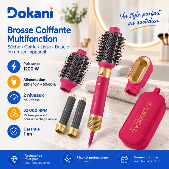Brosse coiffante multifonction Lexical 6 en 1 Rose 1200W avec brosses et fers à boucler - Dokani Tunisie