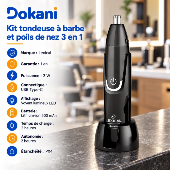 Kit tondeuse Lexical 3 en 1 rechargeable USB-C pour barbe nez oreilles sourcils et corps avec moteur 6000 RPM