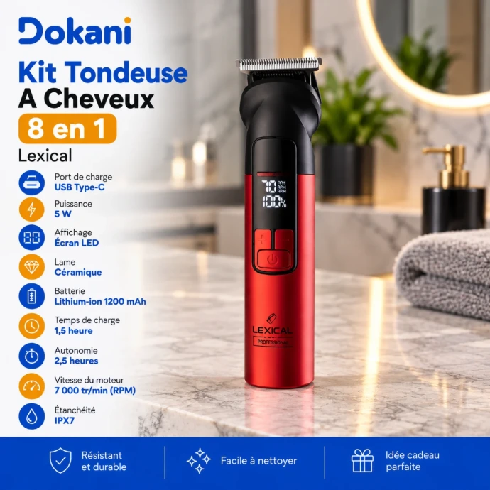 Kit tondeuse à cheveux Lexical 8 en 1 rouge 5W avec lame céramique, écran LED, 4 sabots et accessoires de rasage
