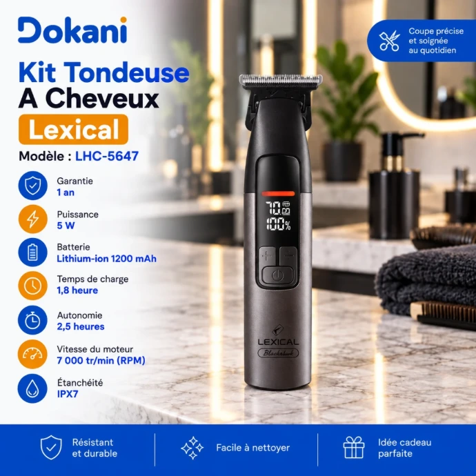 Tondeuse à cheveux rechargeable Lexical 5W avec lame en céramique, écran LED, batterie 1200 mAh et 4 sabots de guidage