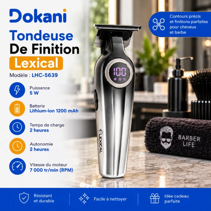 Tondeuse de finition cheveux et barbe Lexical LHC-5639 5W avec écran LED, moteur 7000 RPM et 4 sabots de guidage