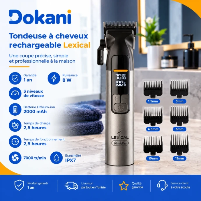 Tondeuse à cheveux rechargeable Lexical 8W avec lame céramique et 6 sabots