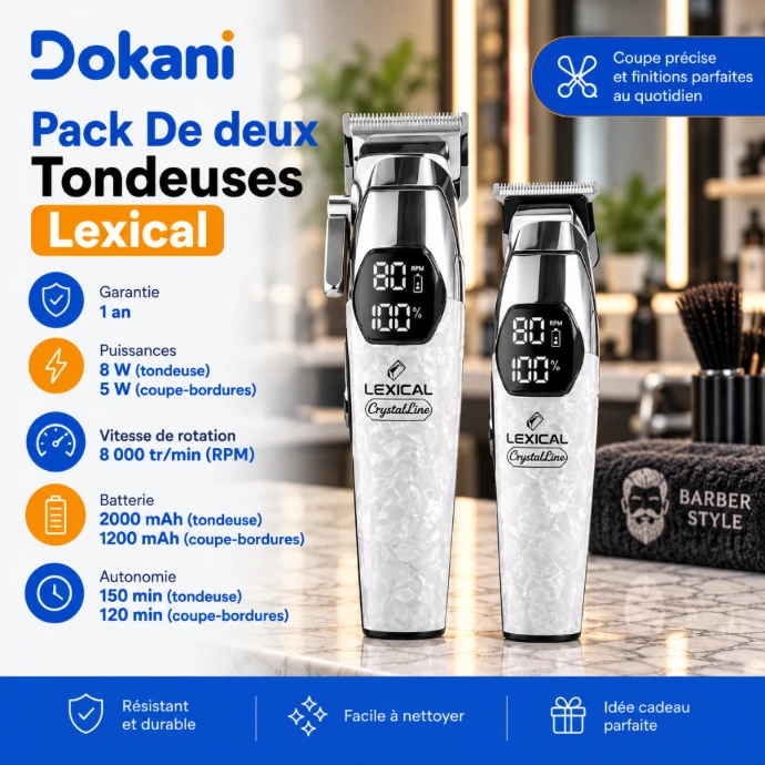 Pack de deux tondeuses rechargeables Lexical 8W et 5W avec lames céramique, écrans LED et 9 sabots de guidage