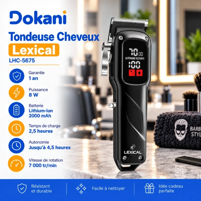 Tondeuse à cheveux rechargeable Lexical LHC-5675 noire 8W avec écran LED, batterie 2000 mAh et 6 sabots de guidage