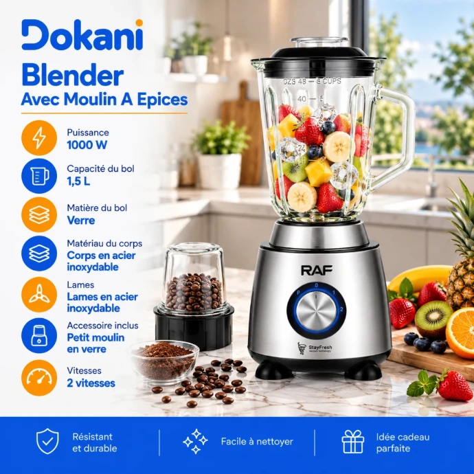 Blender RAF 1000W avec bol en verre de 1,5 L, moulin à épices en verre et corps en acier inoxydable