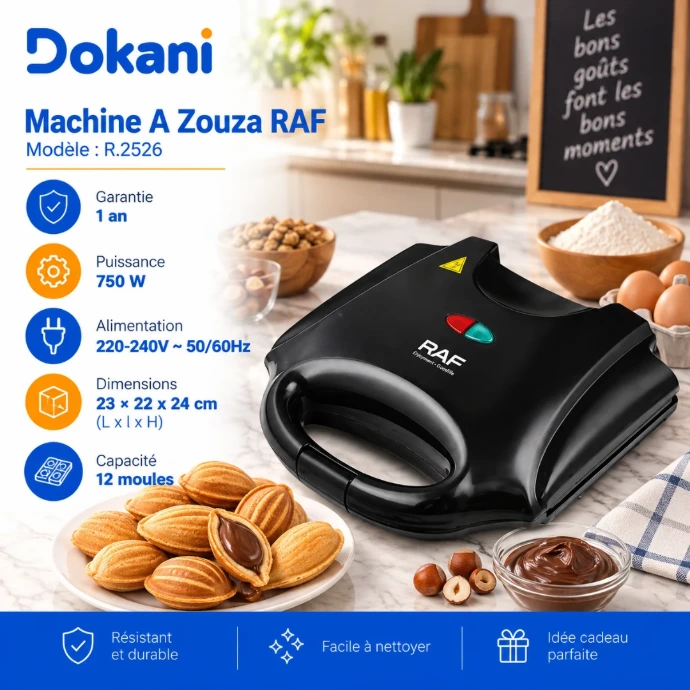 Machine à Zouza RAF R.2526 noire 750W avec 12 moules antiadhésifs et chauffage double face