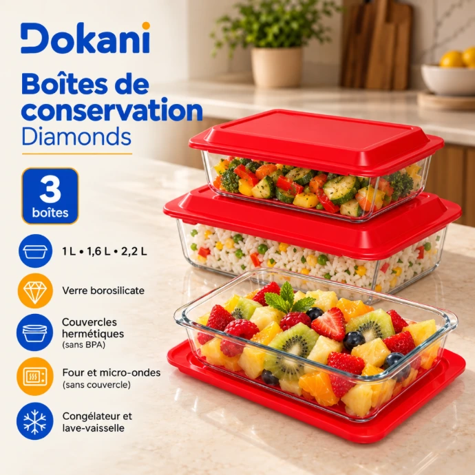 Set de 3 boîtes de conservation rectangulaires Diamonds en verre borosilicate de 1 L, 1,6 L et 2,2 L avec couvercles hermétiques