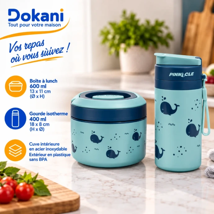 Pack Pinnacle bleu avec boîte à lunch isotherme 600 ml et gourde 400 ml, intérieur en acier inoxydable et poignées de transport
