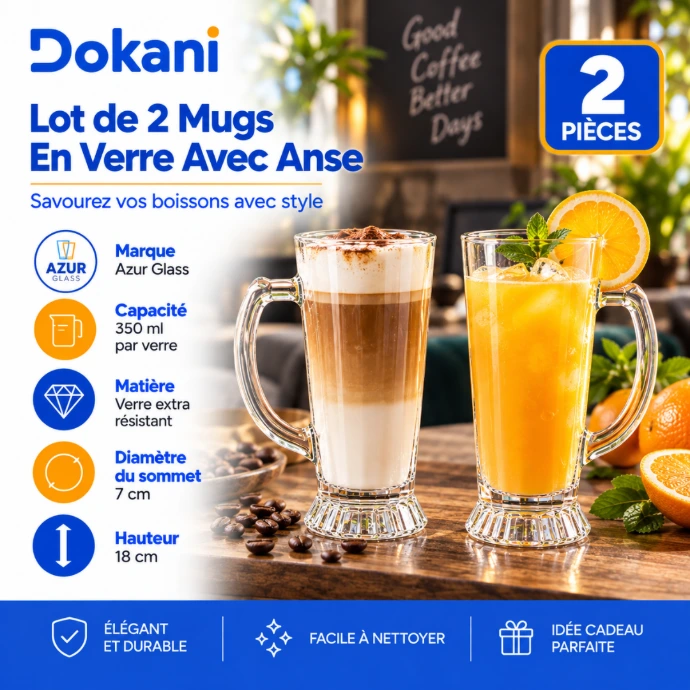 Lot de 2 mugs en verre transparent Azur Glass Vanilla 350 ml avec grande anse ergonomique et base moulée décorative