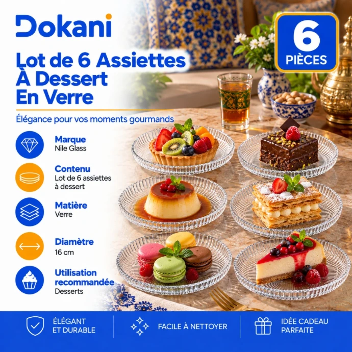 Lot de 6 assiettes à dessert Nile Glass en verre transparent de 16 cm avec stries rayonnantes et bords relevés côtelés